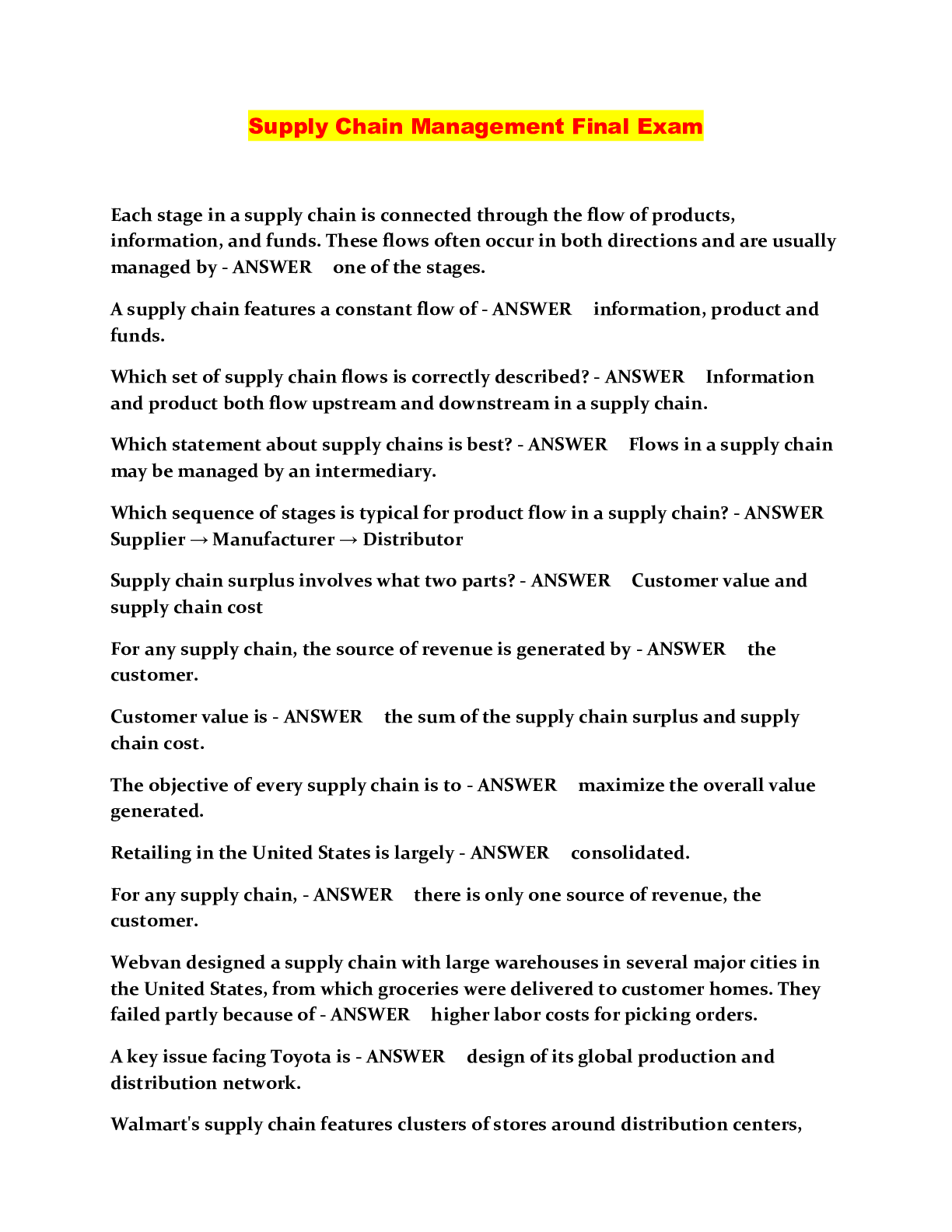 Supply Chain Management Final Exam Browsegrades